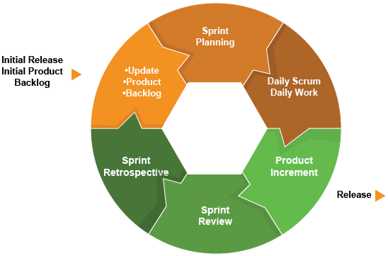 a circle with a orange and green sections, starting with the orange into brown sections, "Update", "Product", "Backlog", "Sprint Planning", "Daily Scrum", "Daily Work", green to dark green sections: "Product Increment", "Sprint Review", "Sprint Retrospective"